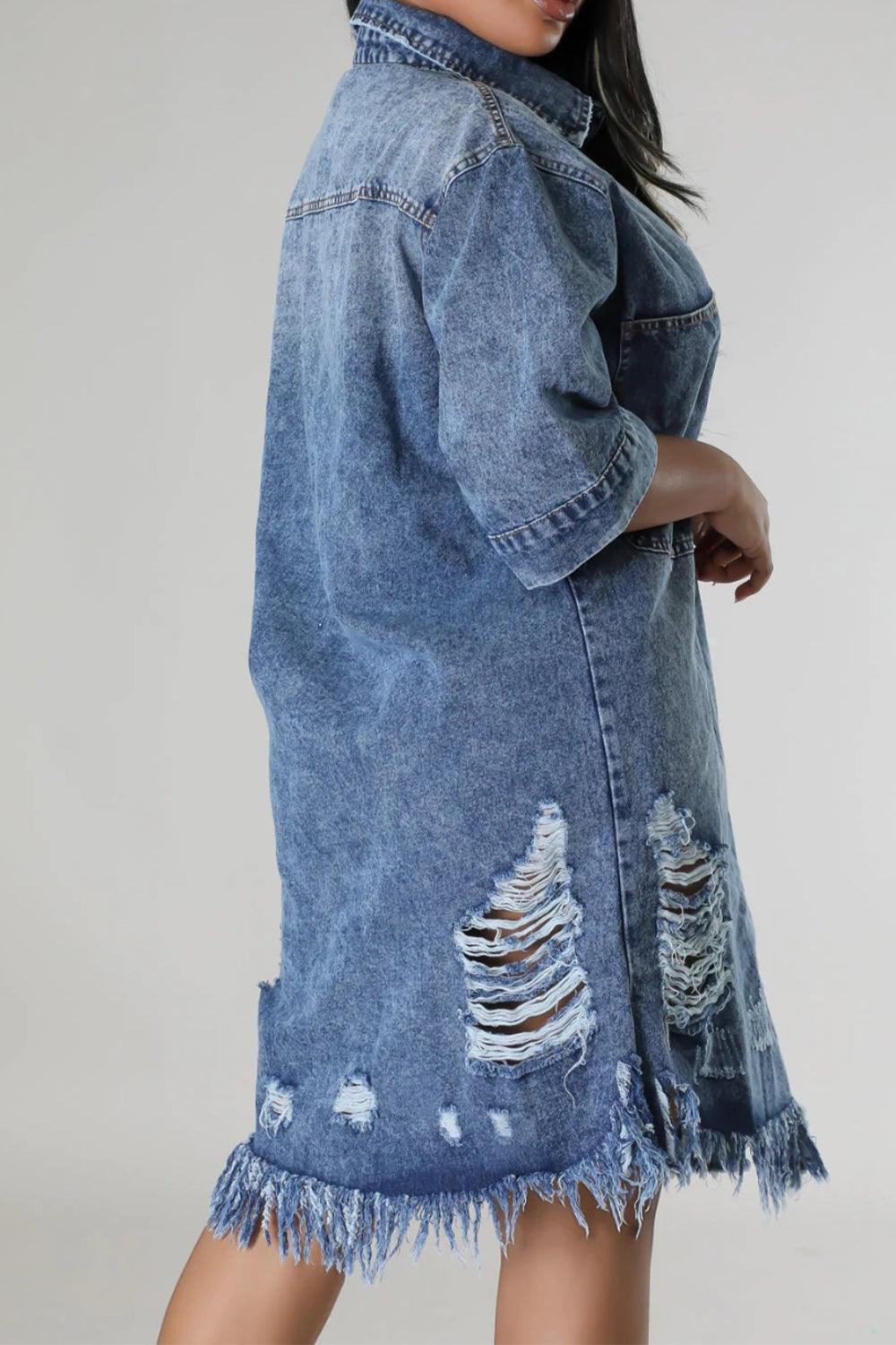 Distressed Raw Hem Button Up Denim Dress - ClubOn