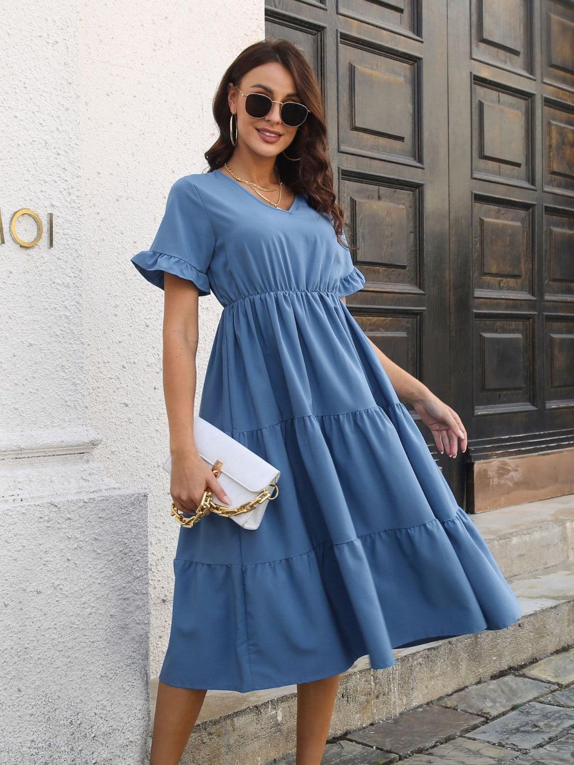 V-Neck Short Sleeve Midi Dress - ClubOn