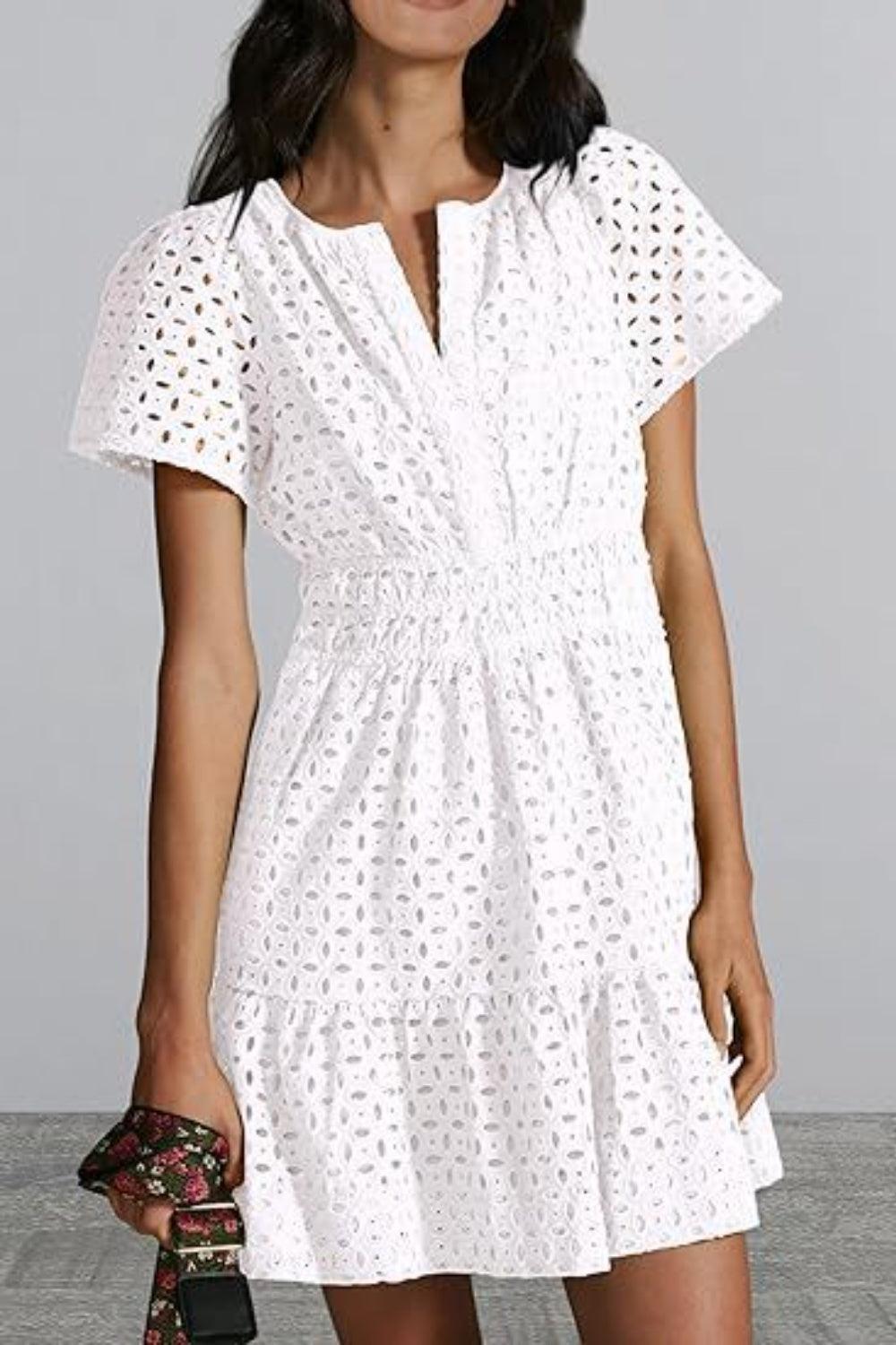 Eyelet Notched Short Sleeve Mini Dress - ClubOn