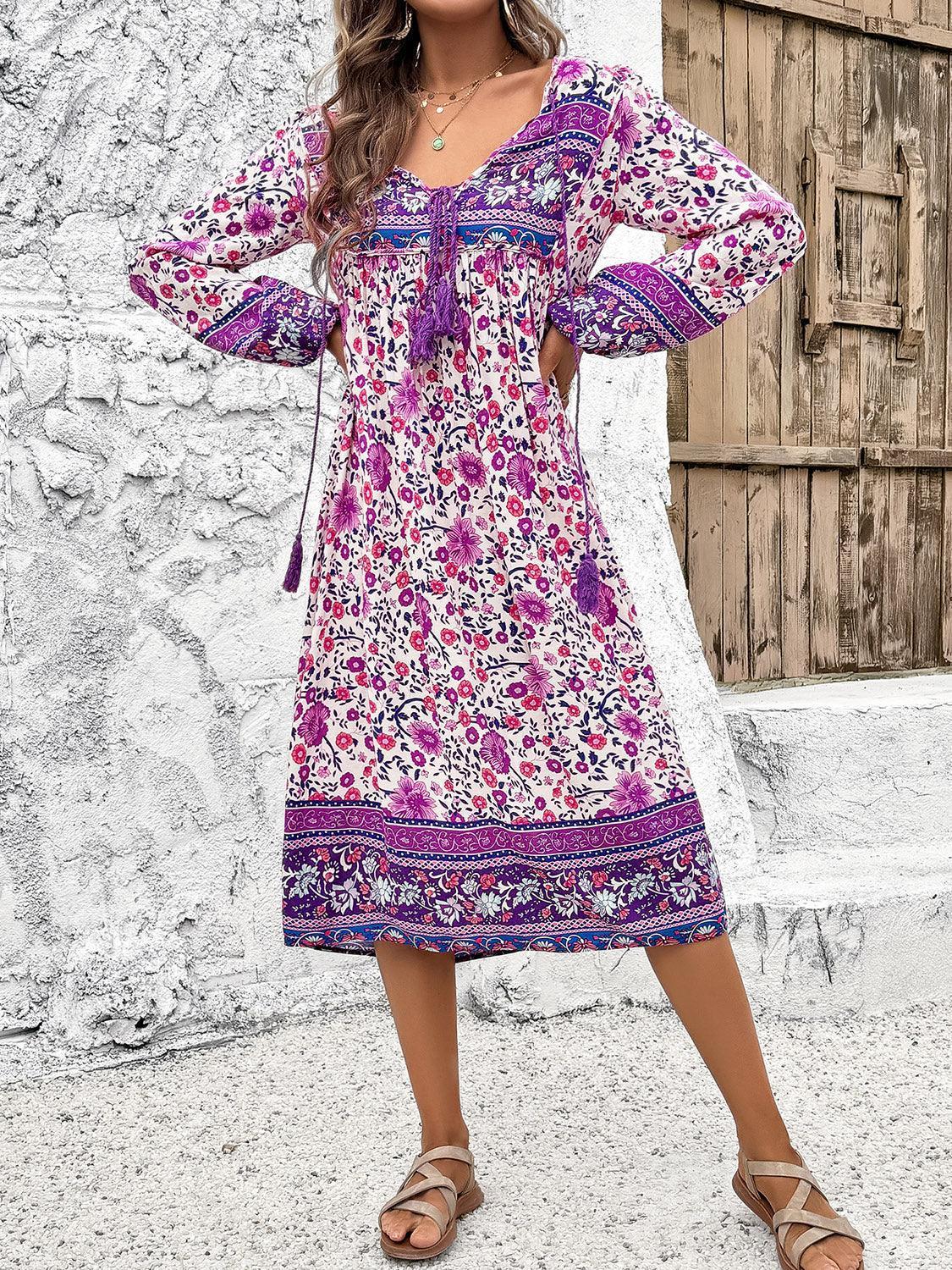 Devine Tassel Tied Printed Long Sleeve Dress - ClubOn