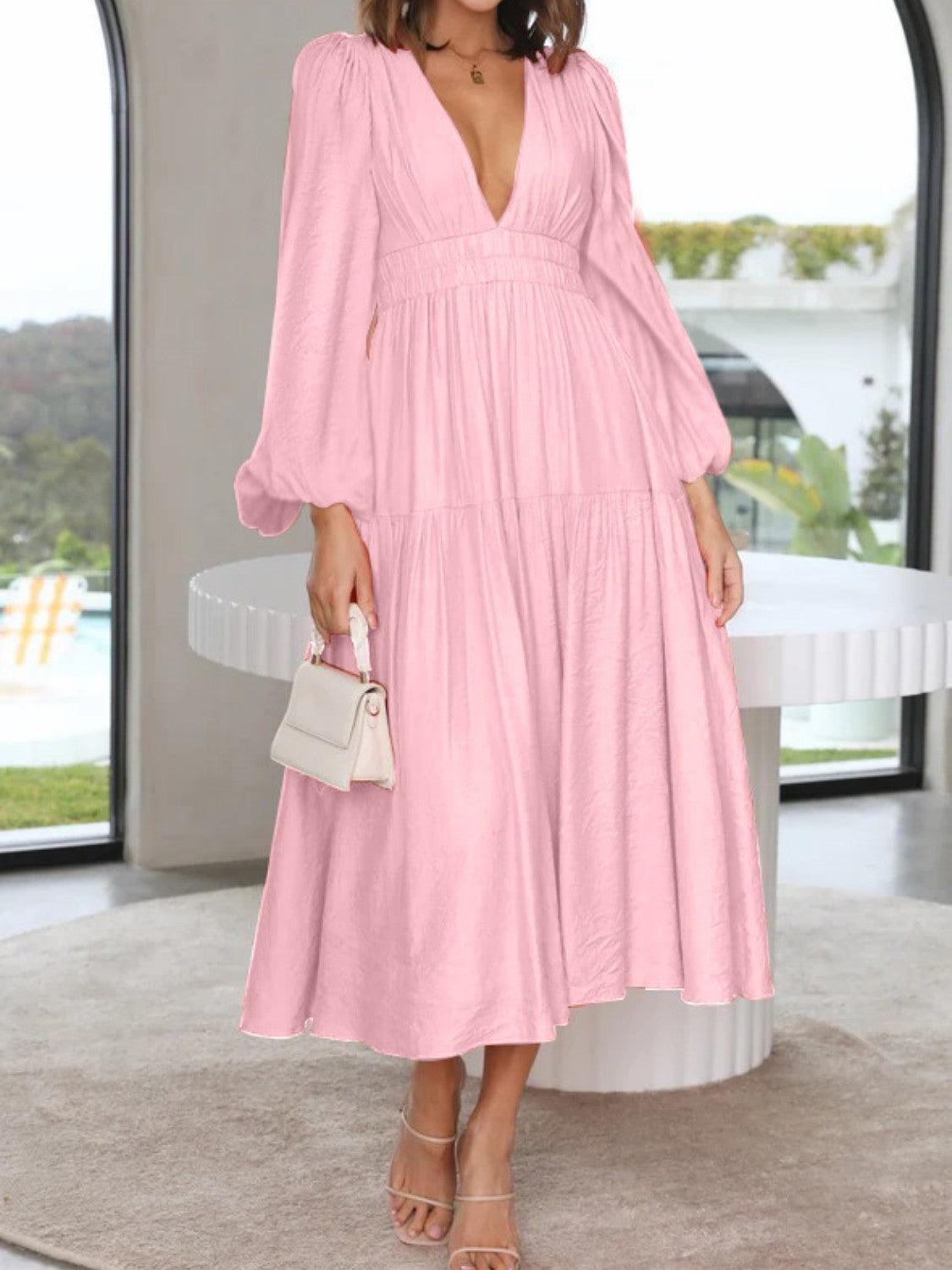 Deep V-Neck Balloon Sleeve Plain Maxi Dress - ClubOn