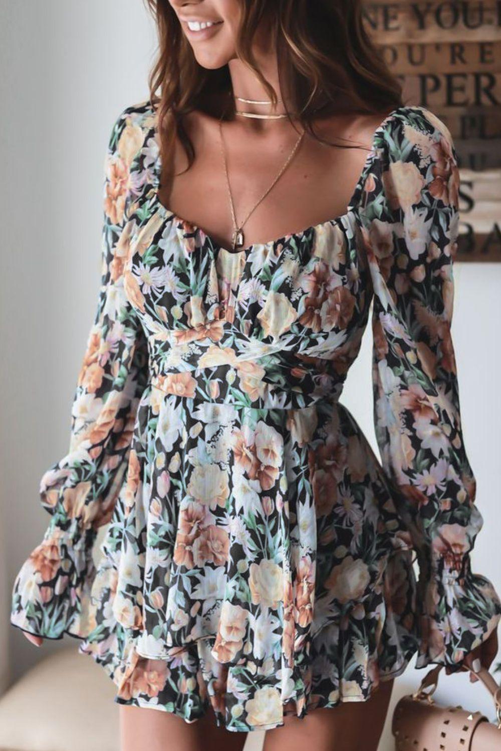 Floral Sweetheart Neck Flounce Sleeve Romper - ClubOn