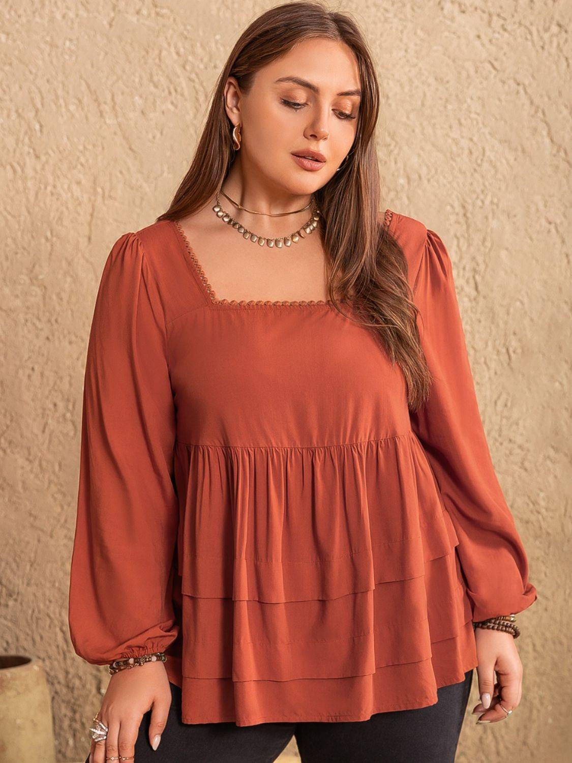 Plus Size Lace Detail Square Neck Long Sleeve Blouse - ClubOn