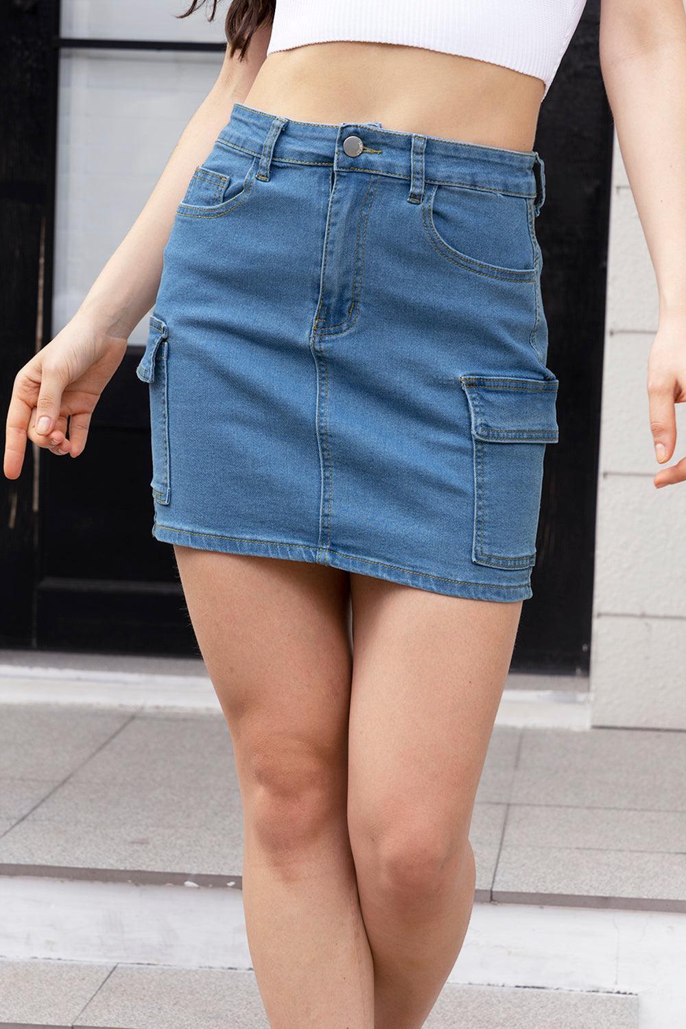 High Waist Pocketed Denim Skirt - ClubOn