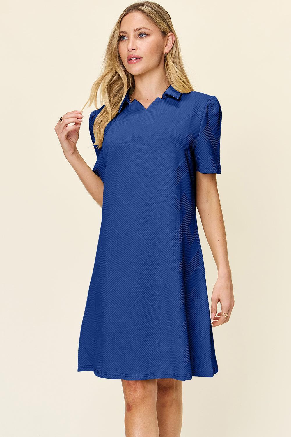 Double Take Full Size Texture Collared Neck Short Sleeve Dress - ClubOn