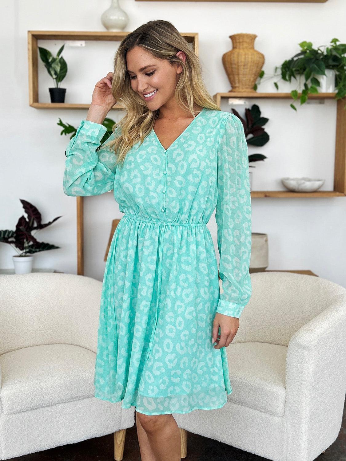 Double Take Full Size Printed Ruched V-Neck Long Sleeve Dress - ClubOn
