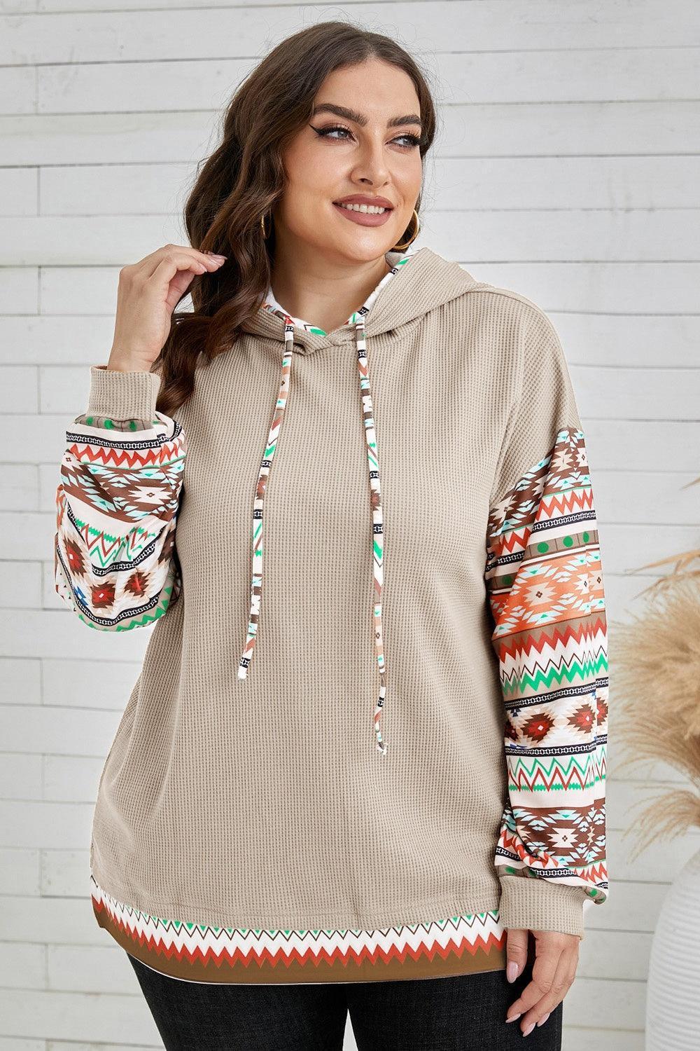 Plus Size Waffle-Knit Geometric Dropped Shoulder Hoodie - ClubOn