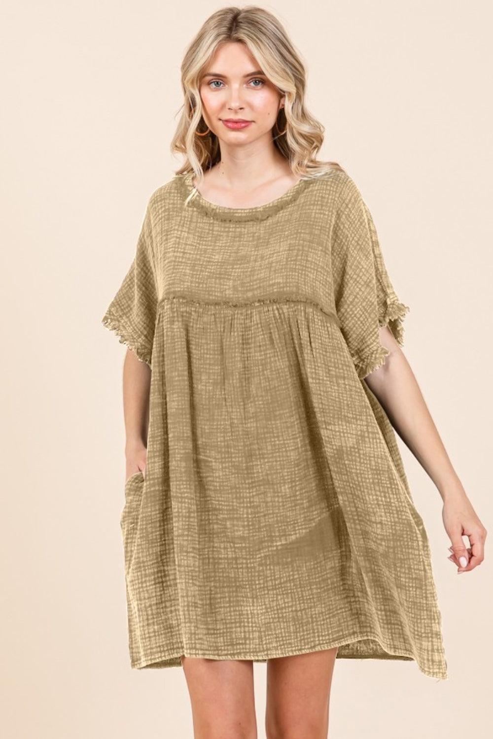Culture Code Full Size Short Sleeve Babydoll Texture Dress with Pockets - ClubOn