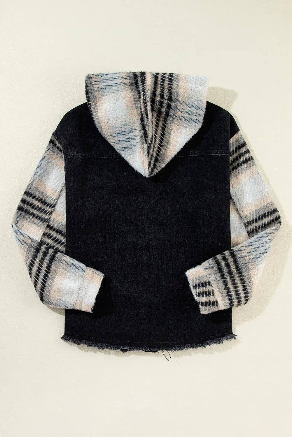 Drawstring Raw Hem Button Up Hooded Denim Jacket - ClubOn