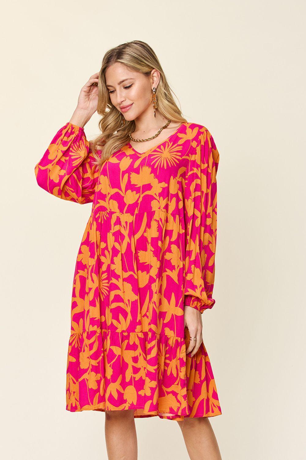 Double Take Full Size Printed Ruffle Hem Dress with Pocket - ClubOn