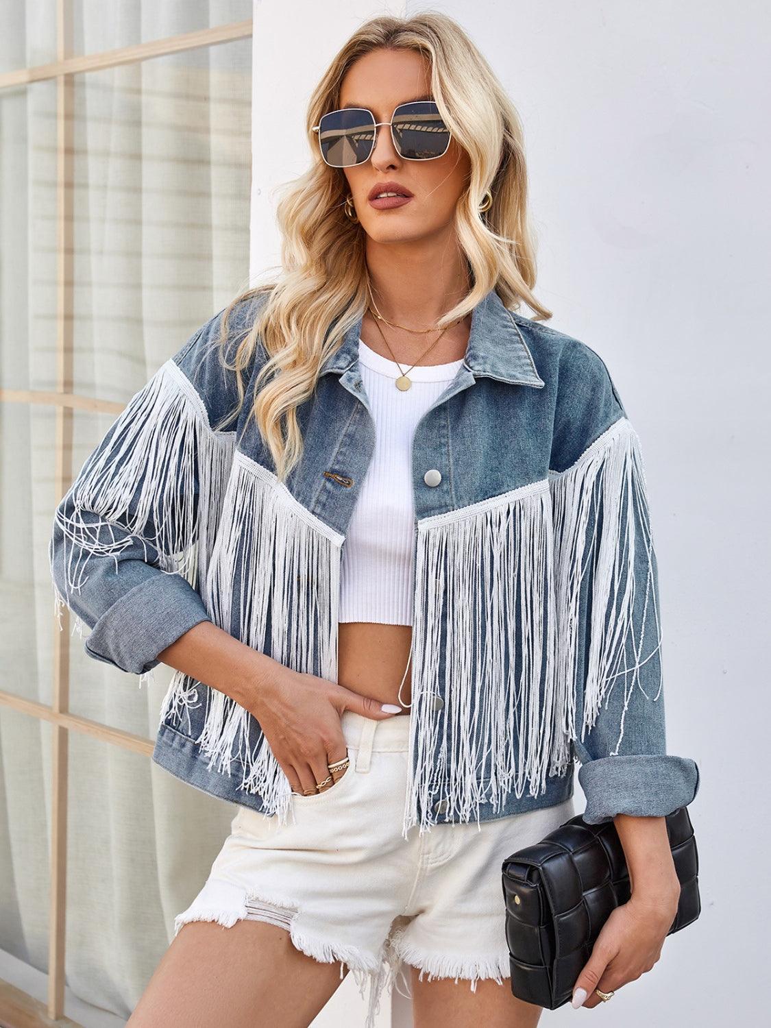 Tassel Button Up Dropped Shoulder Denim Jacket - ClubOn