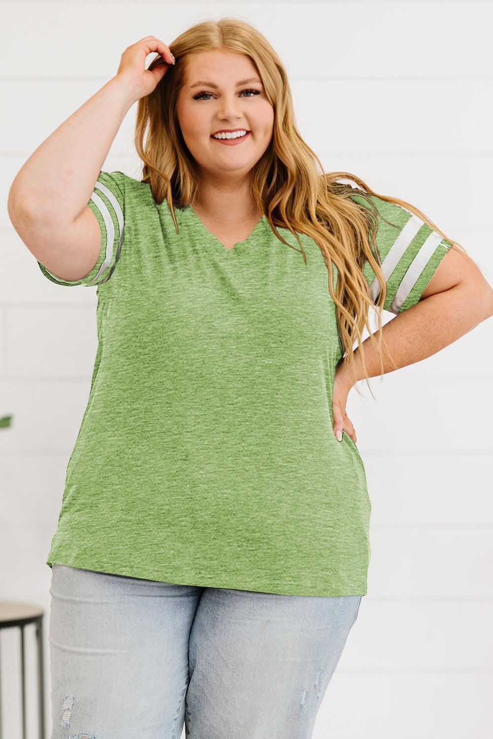 Plus Size Striped V-Neck Tee Shirt - ClubOn