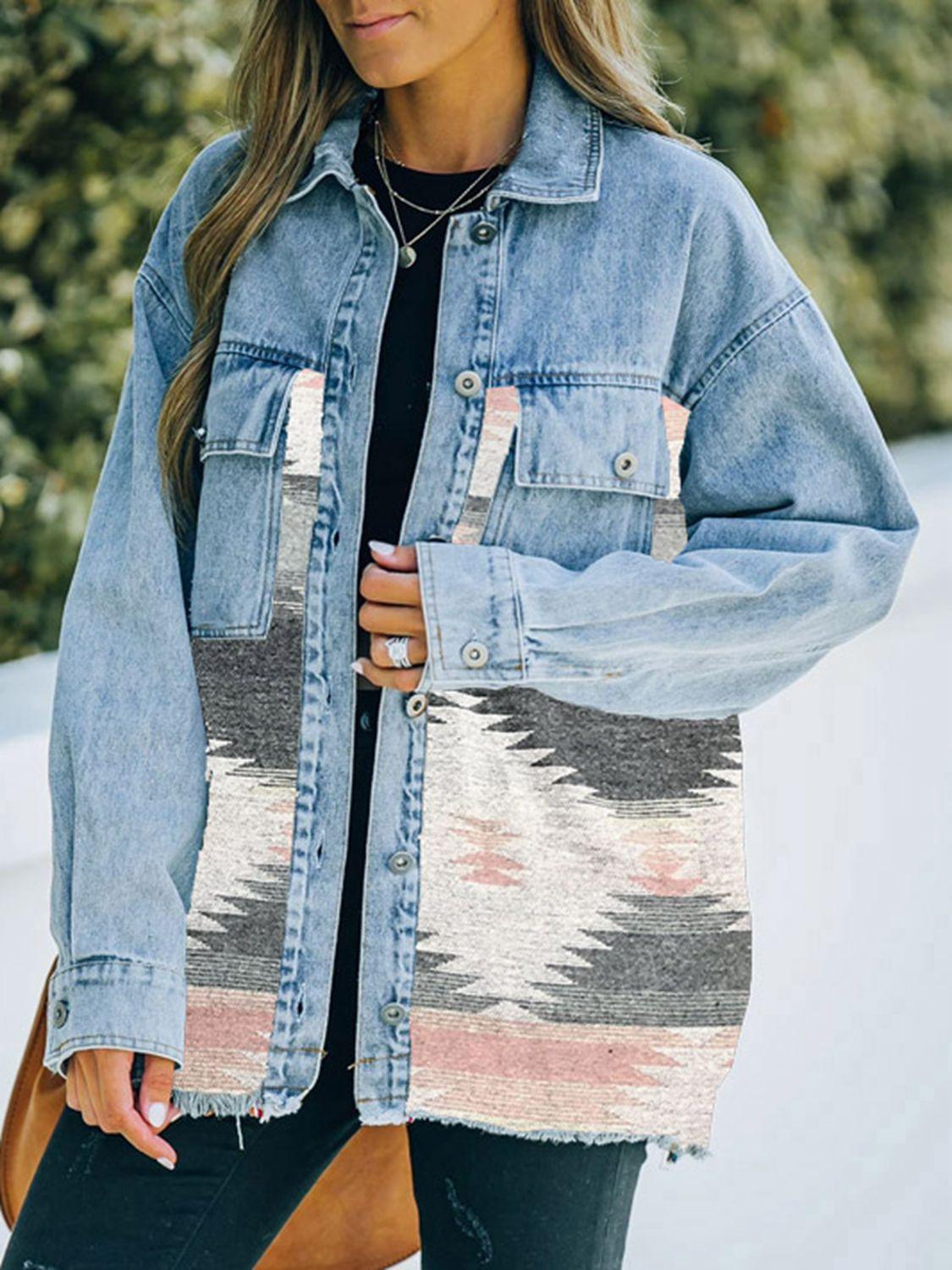 Collared Neck Dropped Shoulder Denim Jacket - ClubOn