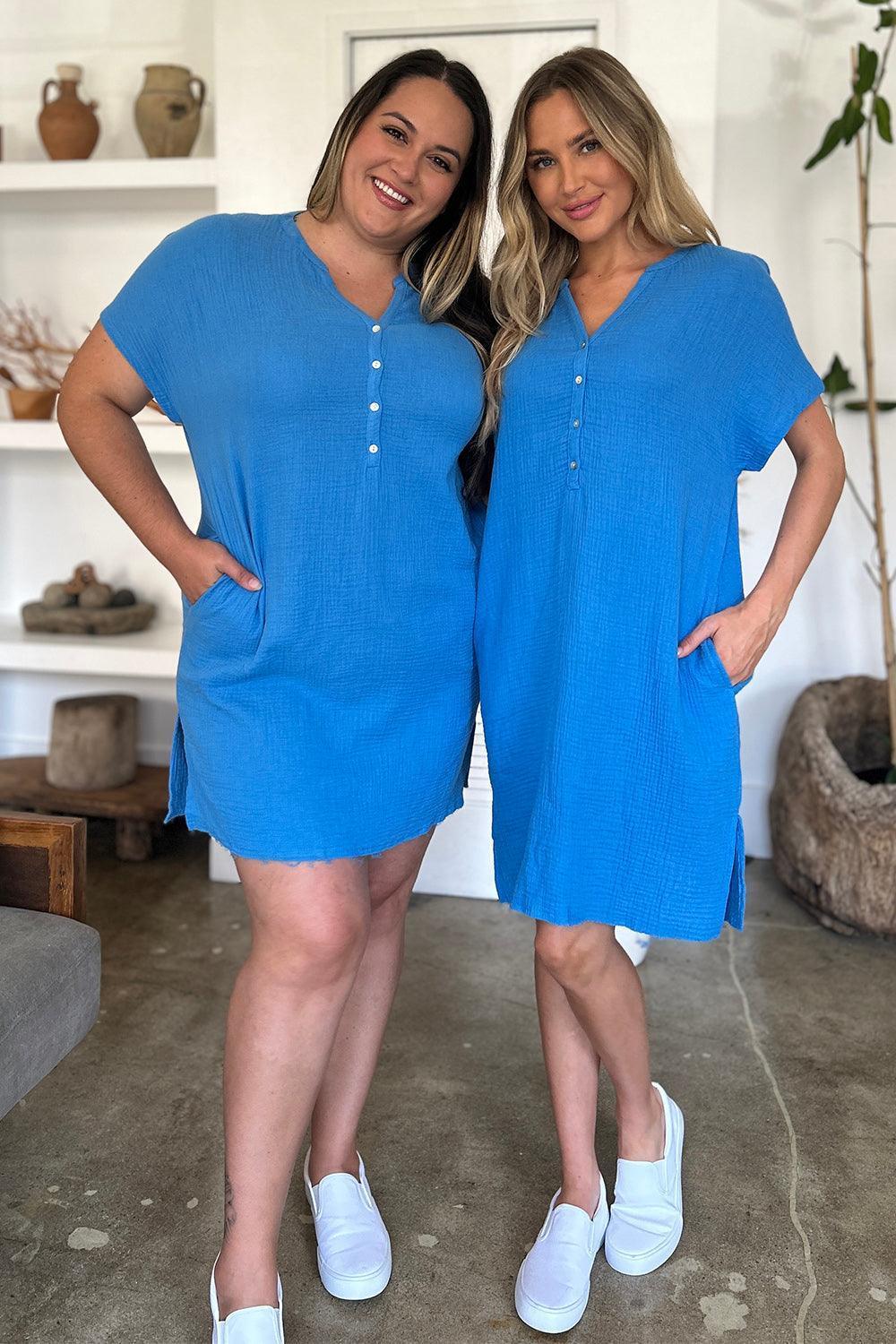 FAM-FAM Slit Notched Short Sleeve Mini Dress - ClubOn