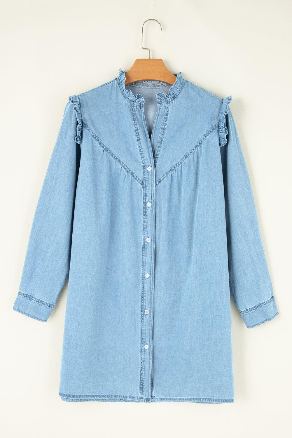 Button Up Notched Long Sleeve Denim Dress - ClubOn