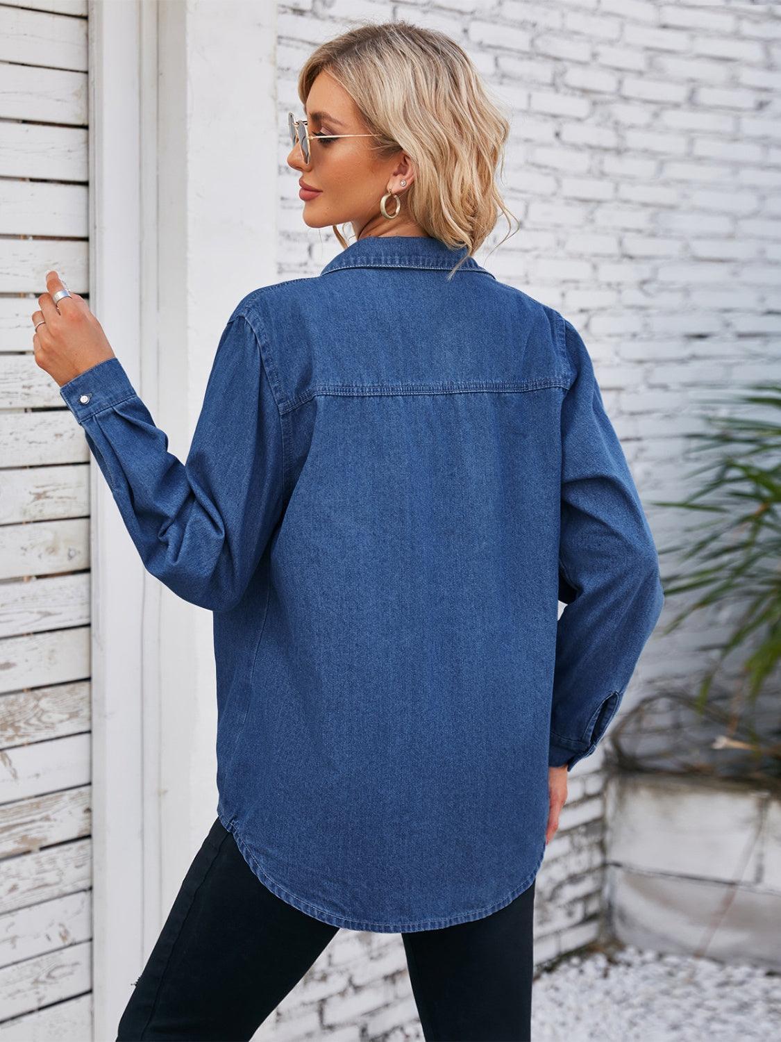 Button Up Collared Neck Denim Jacket - ClubOn