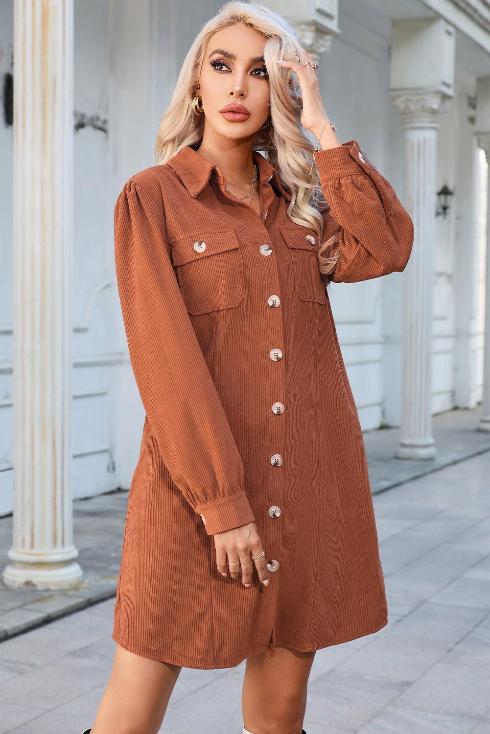 Button Down Puff Sleeve Dress - ClubOn