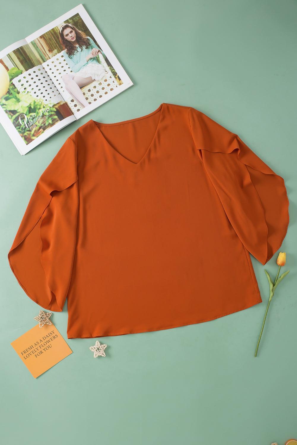 Plus Size V-Neck Petal Sleeve Blouse - ClubOn