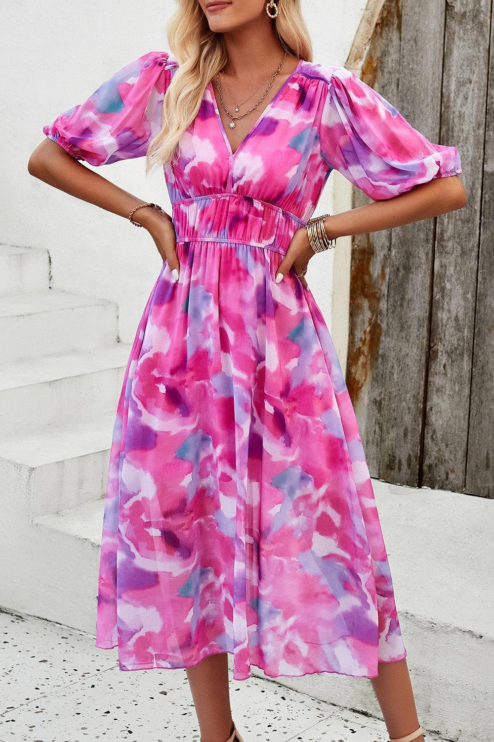 Devine Smocked Printed V-Neck Short Sleeve Dress - ClubOn