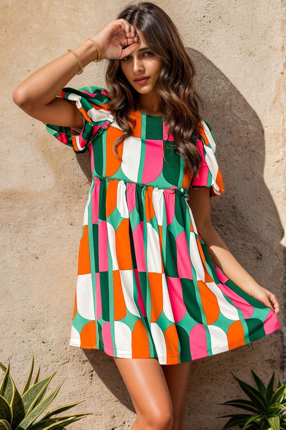 Color Block Round Neck Short Sleeve Dress - ClubOn