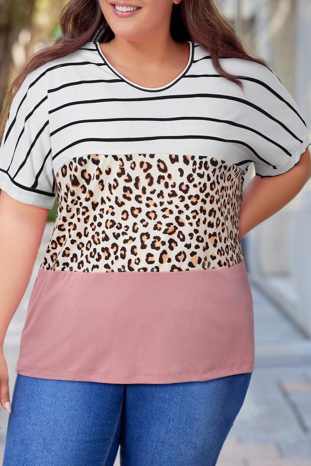 Plus Size Striped Leopard Round Neck Half Sleeve T-Shirt - ClubOn