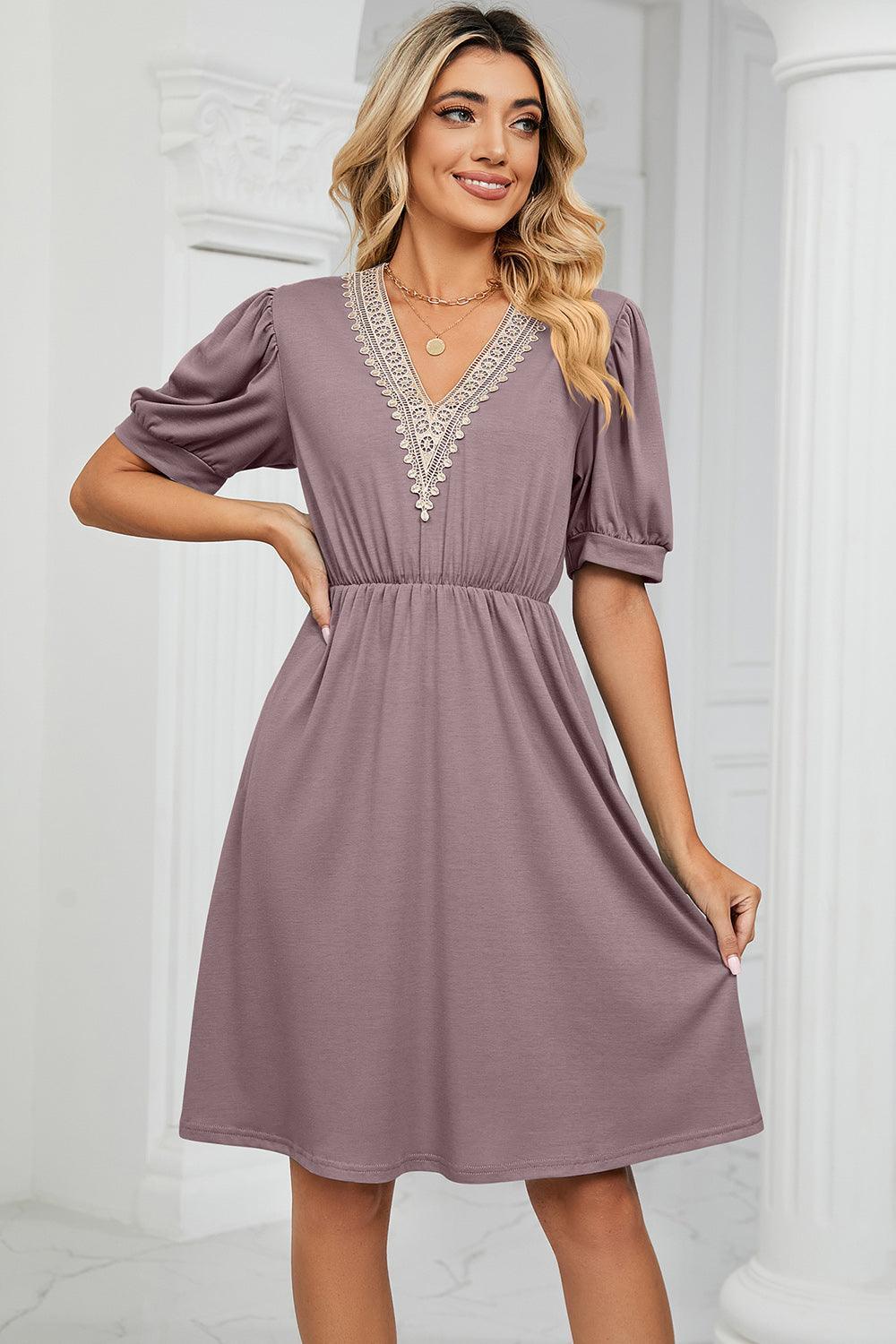 V-Neck Puff Sleeve Dress - ClubOn