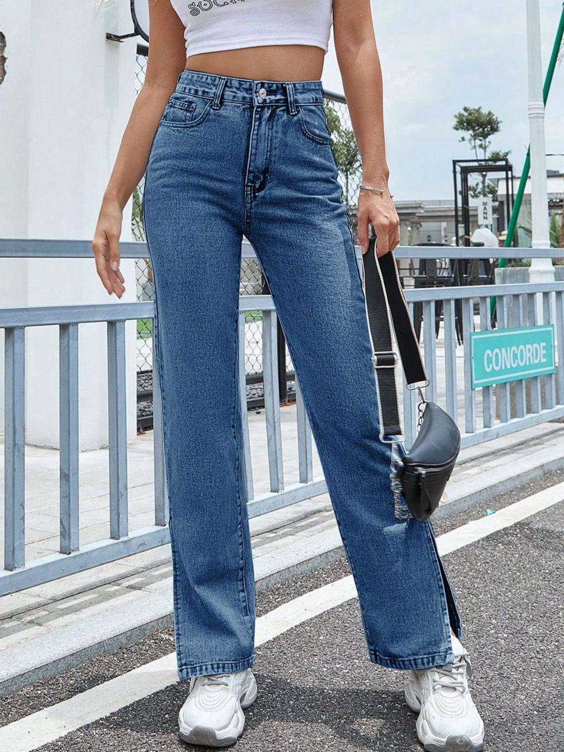 Slit High Waist Jeans with Pockets - ClubOn