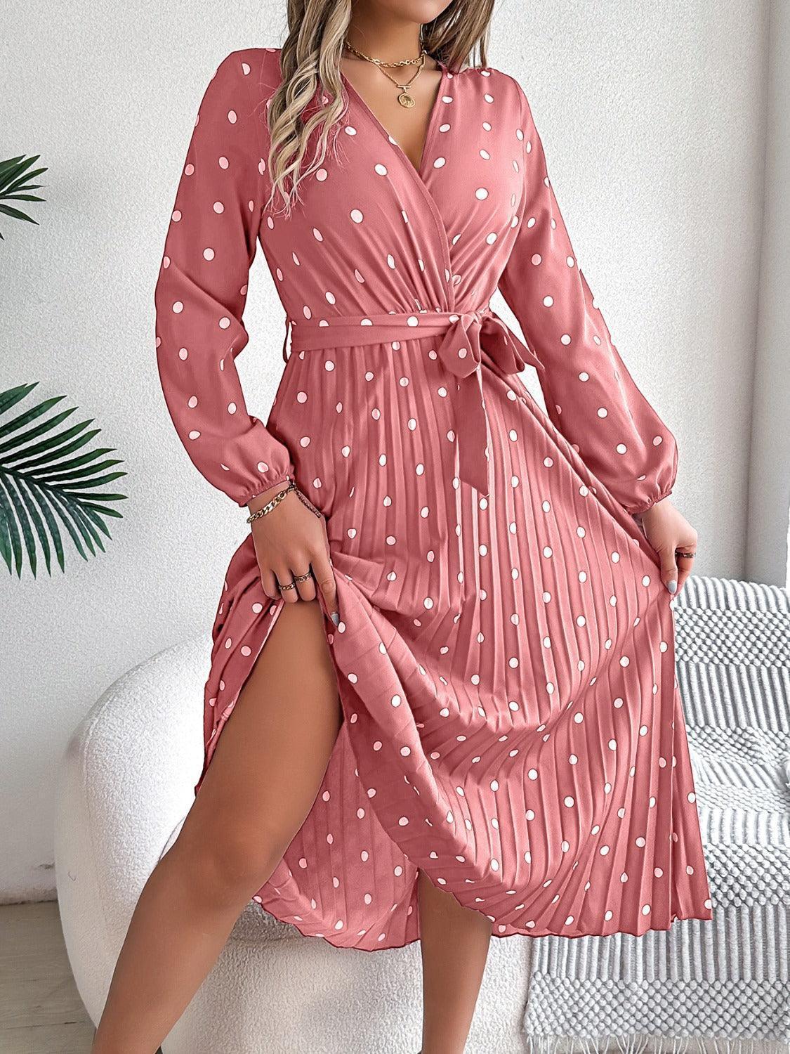 Tied Polka Dot Long Sleeve Midi Dress - ClubOn