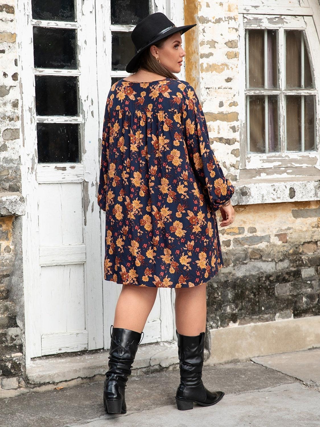Plus Size Floral V-Neck Balloon Sleeve Dress - ClubOn