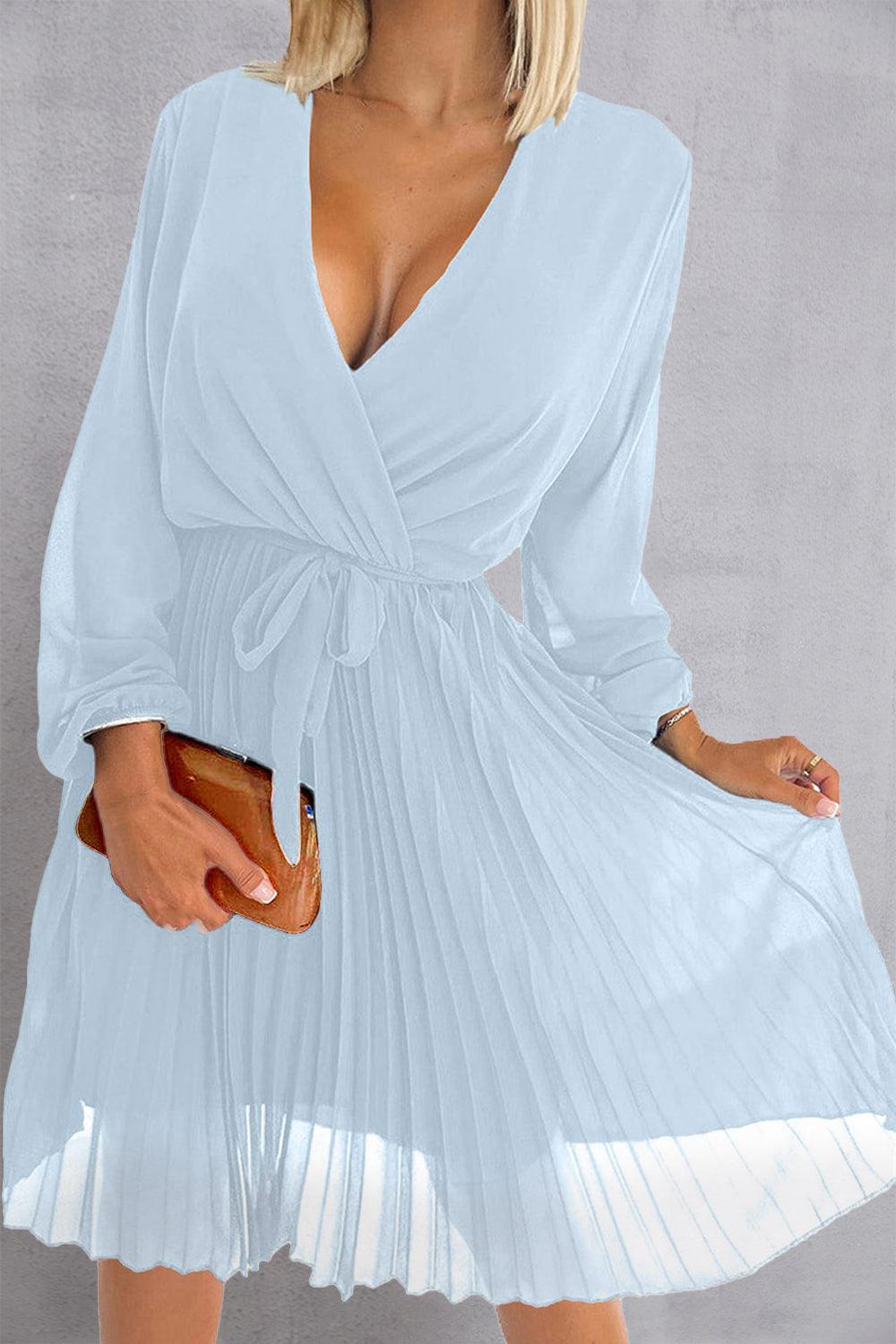 Tied Surplice Long Sleeve Pleated Dress - ClubOn