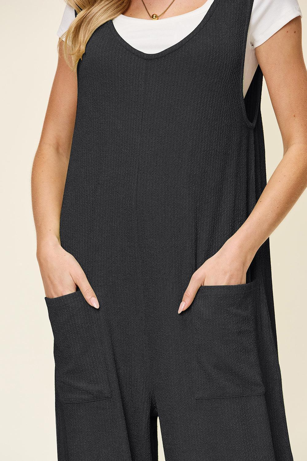 Double Take Full Size Texture Sleeveless Wide Leg Jumpsuit - ClubOn