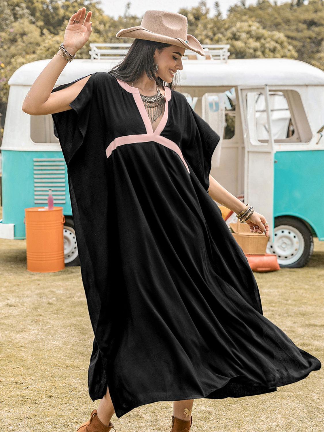 Contrast Trim Notched Slit Short Sleeve Midi Dress - ClubOn