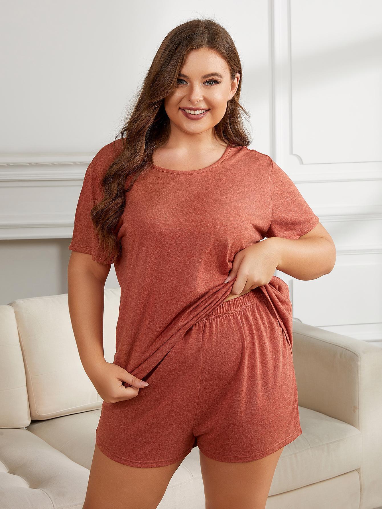 Plus Size Round Neck Short Sleeve Two-Piece Loungewear Set - ClubOn