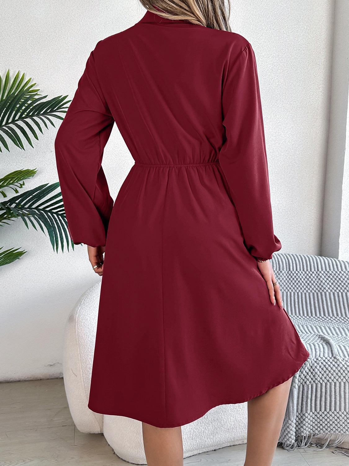Collared Neck Long Sleeve Dress with Pockets - ClubOn