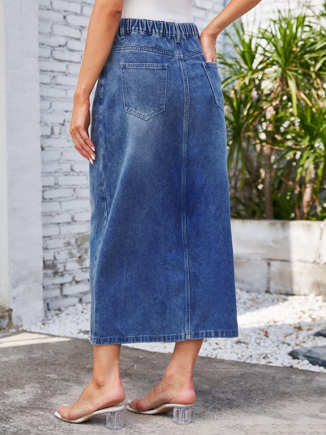 Slit Midi Denim Skirt with Pockets - ClubOn