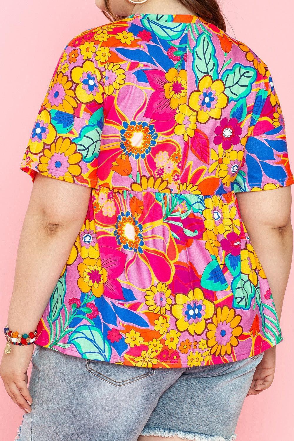 Plus Size Printed Round Neck Short Sleeve Top - ClubOn