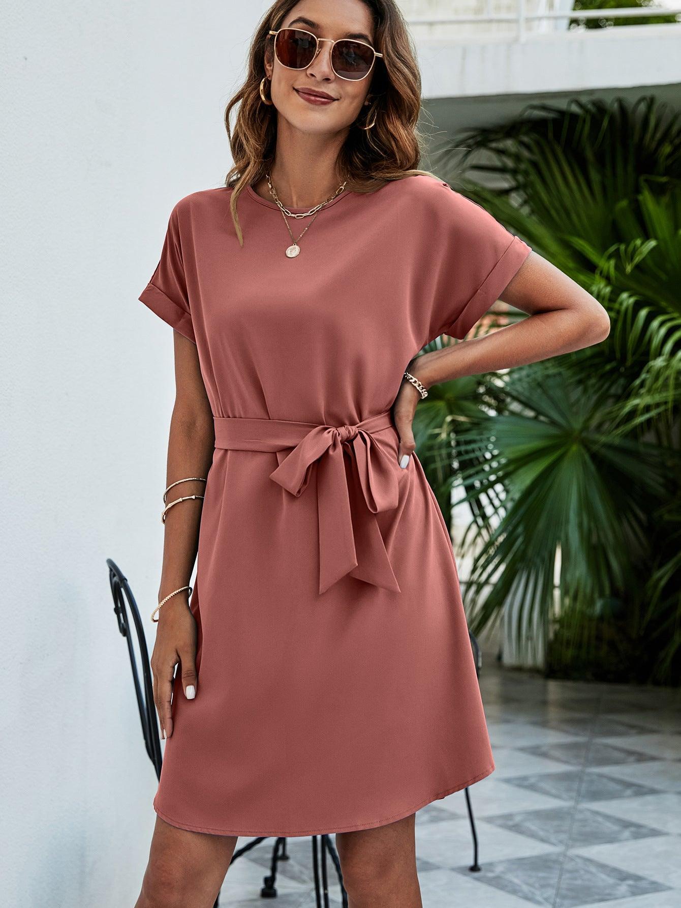 Belted Round Neck Curved Hem Dress - ClubOn