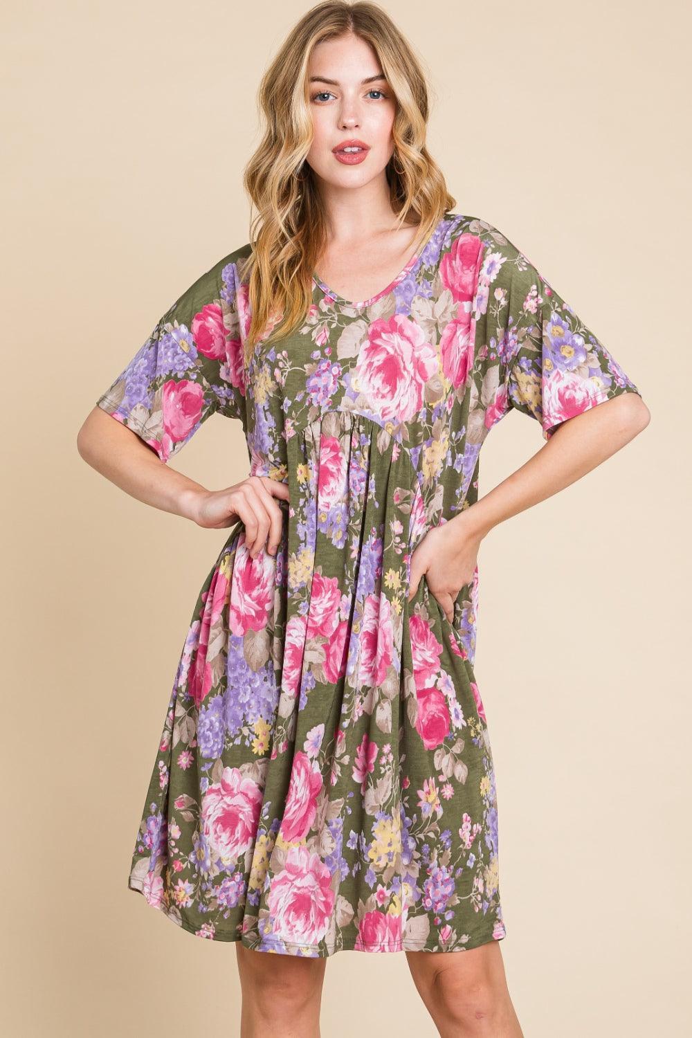 BOMBOM Flower Print V-Neck Ruched Dress - ClubOn