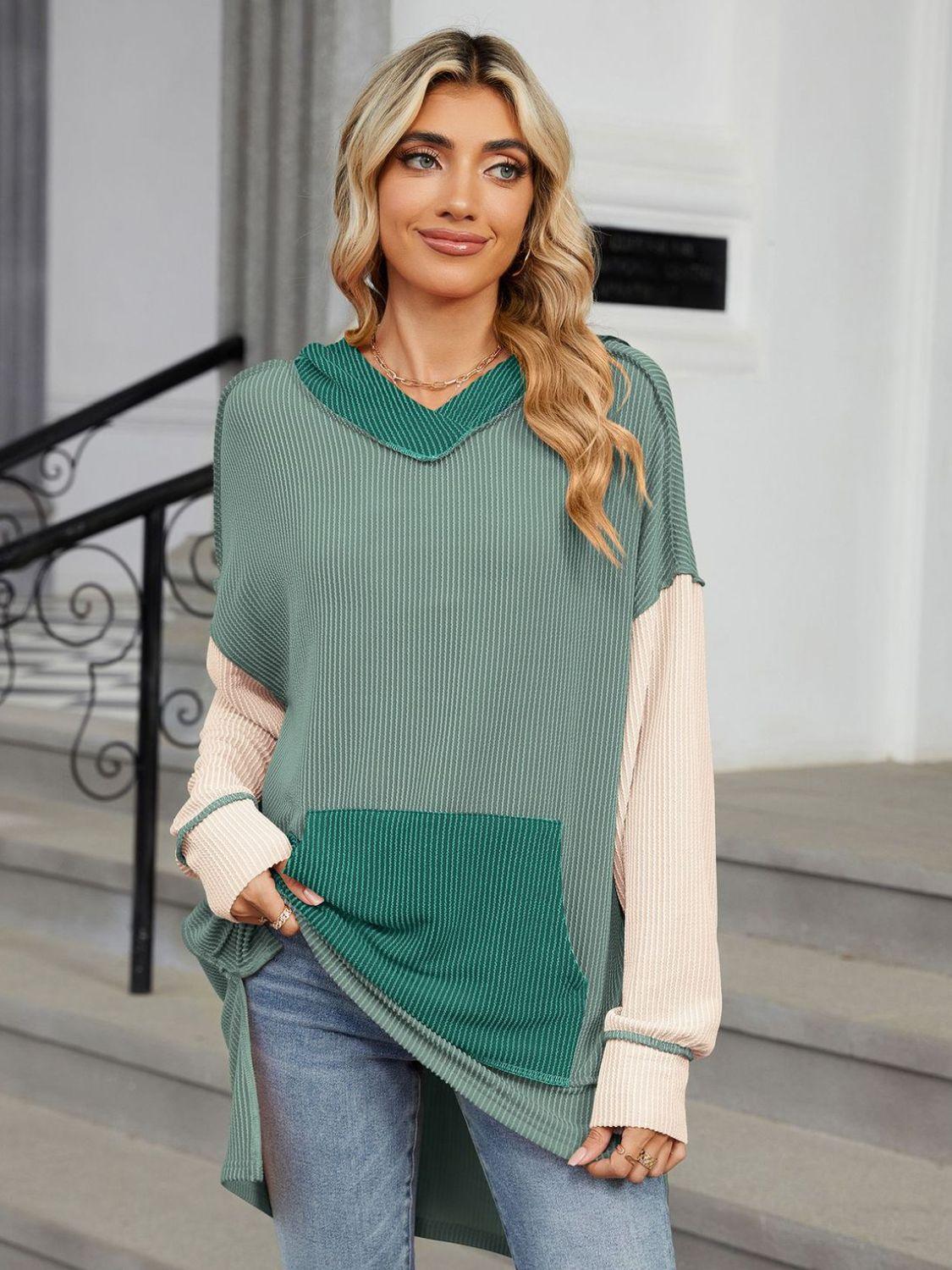 Double Take Contrast Hooded Long Sleeve Top - ClubOn