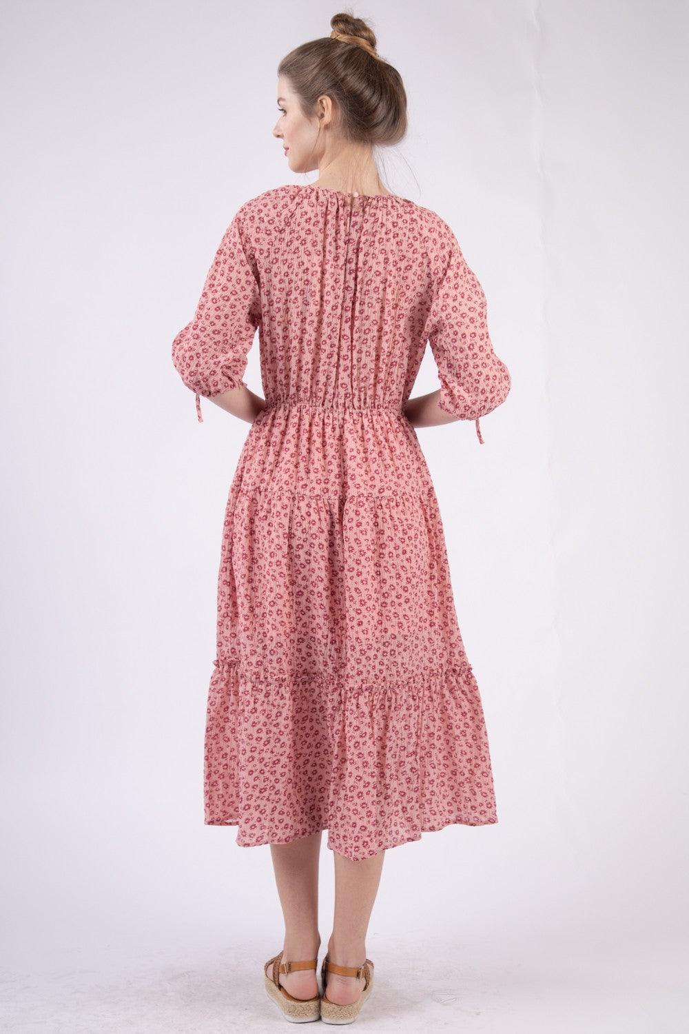 VERY J Floral Round Neck Tiered Midi Dress - ClubOn