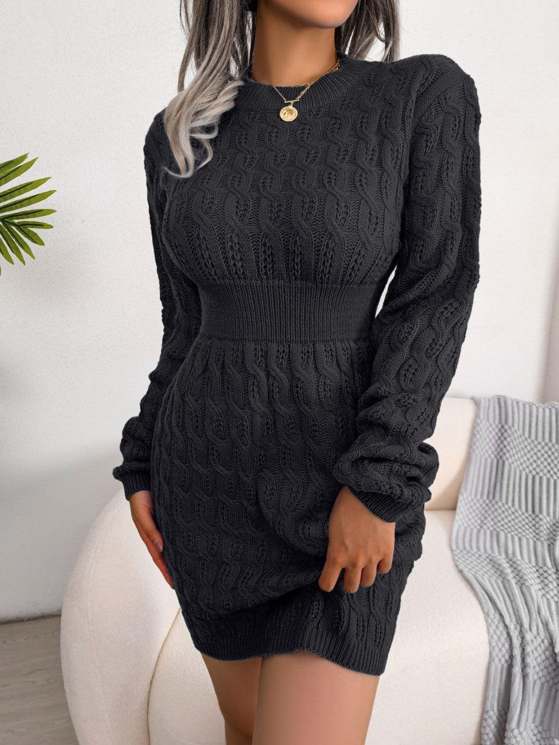 Cable-Knit Round Neck Mini Wrap Sweater Dress - ClubOn
