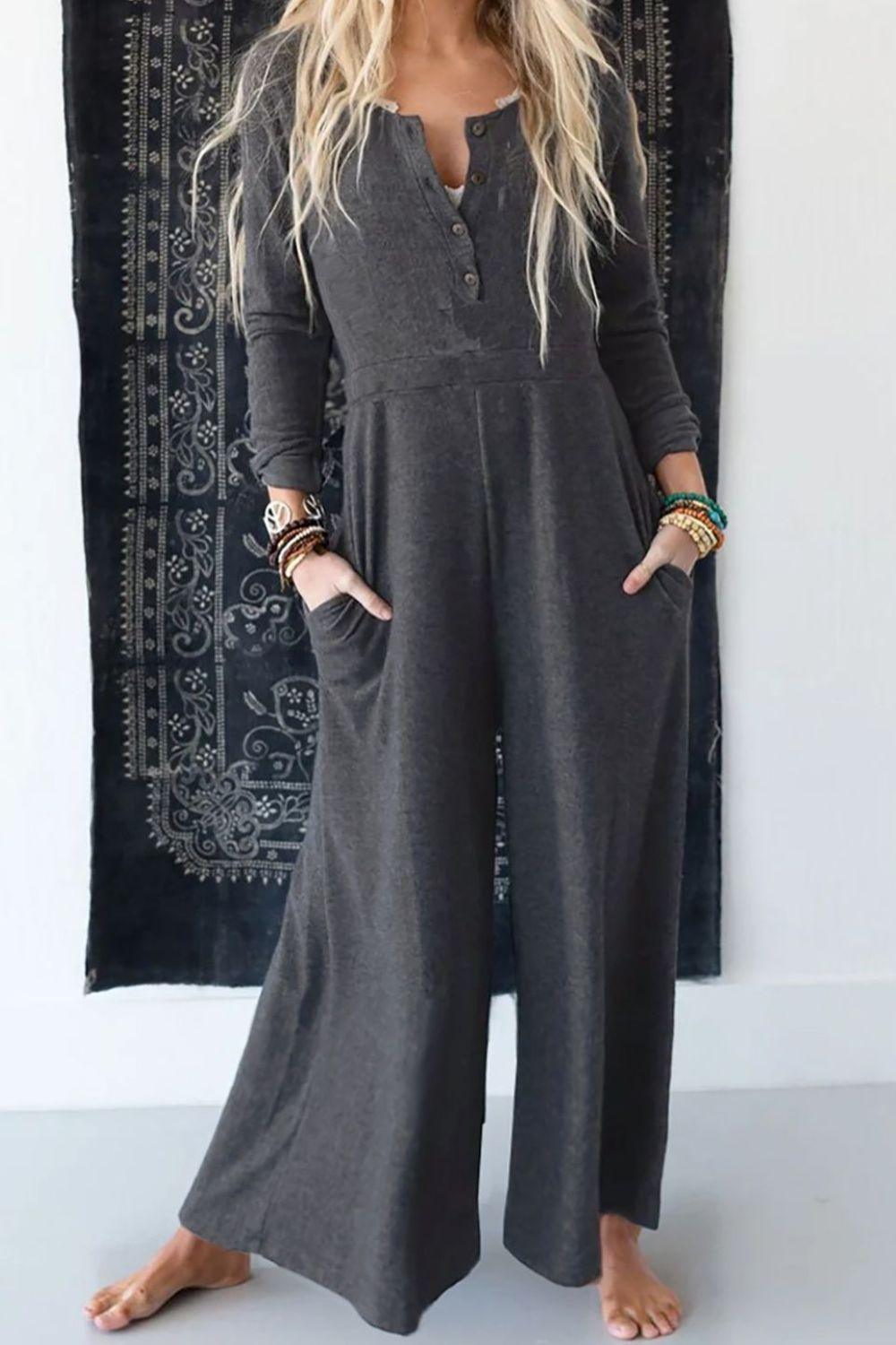 Pocketed Long Sleeve Wide Leg Jumpsuit - ClubOn