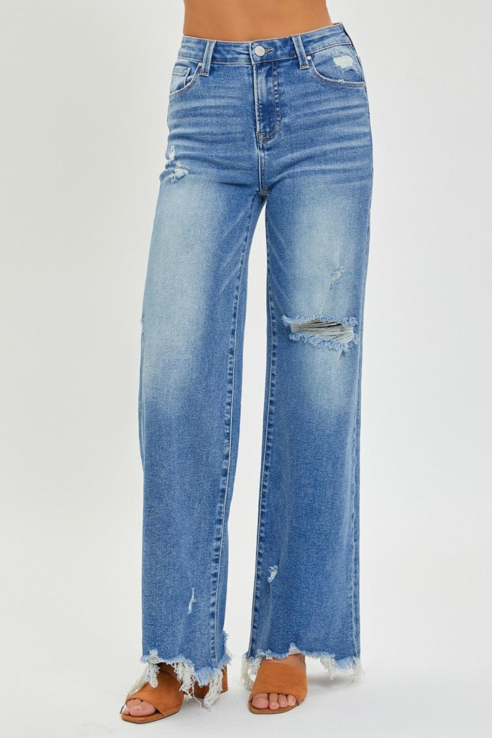 RISEN Full Size High Rise Frayed Hem Wide Leg Jeans - ClubOn