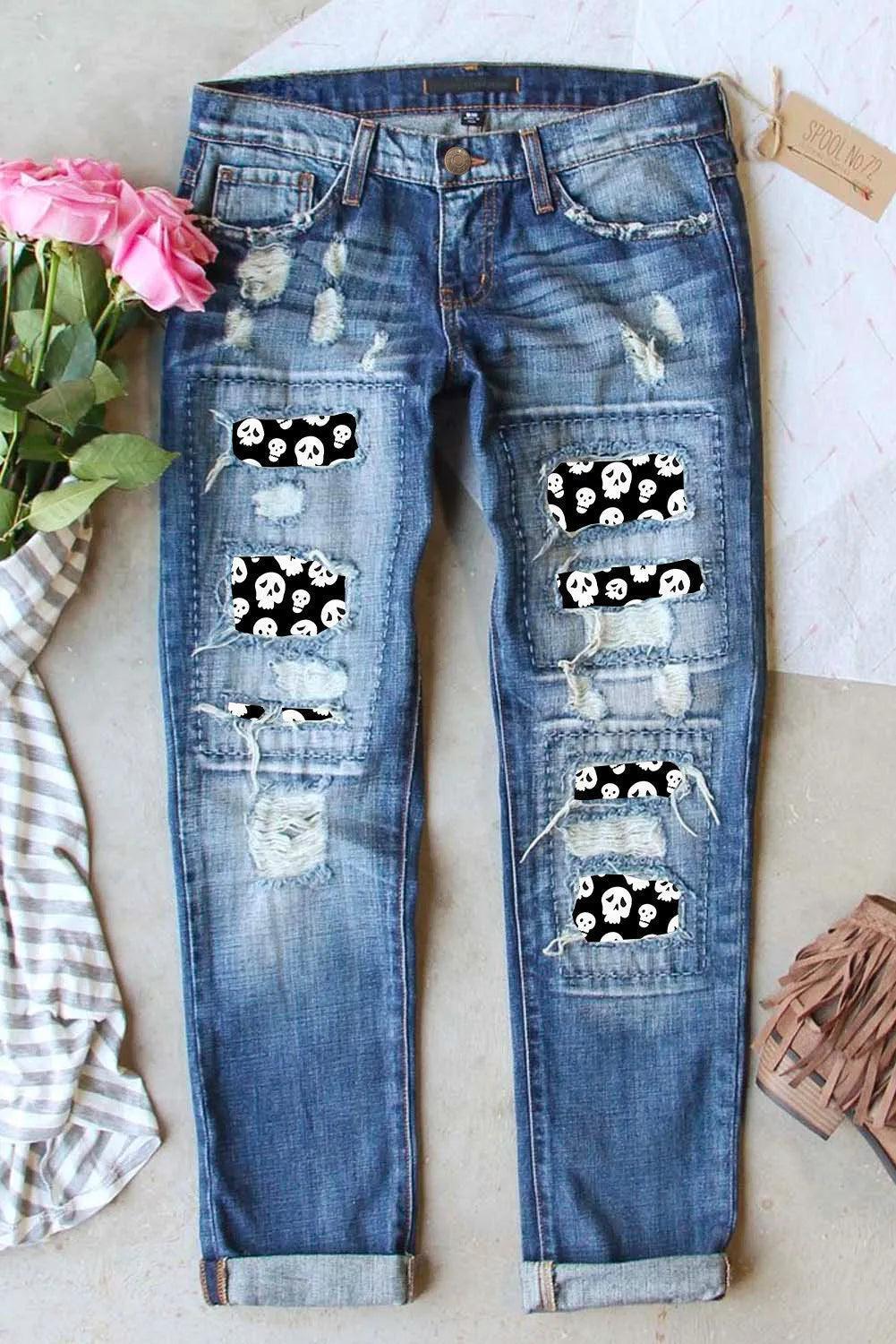 Distressed Skeleton Pattern Jeans with Pockets - ClubOn