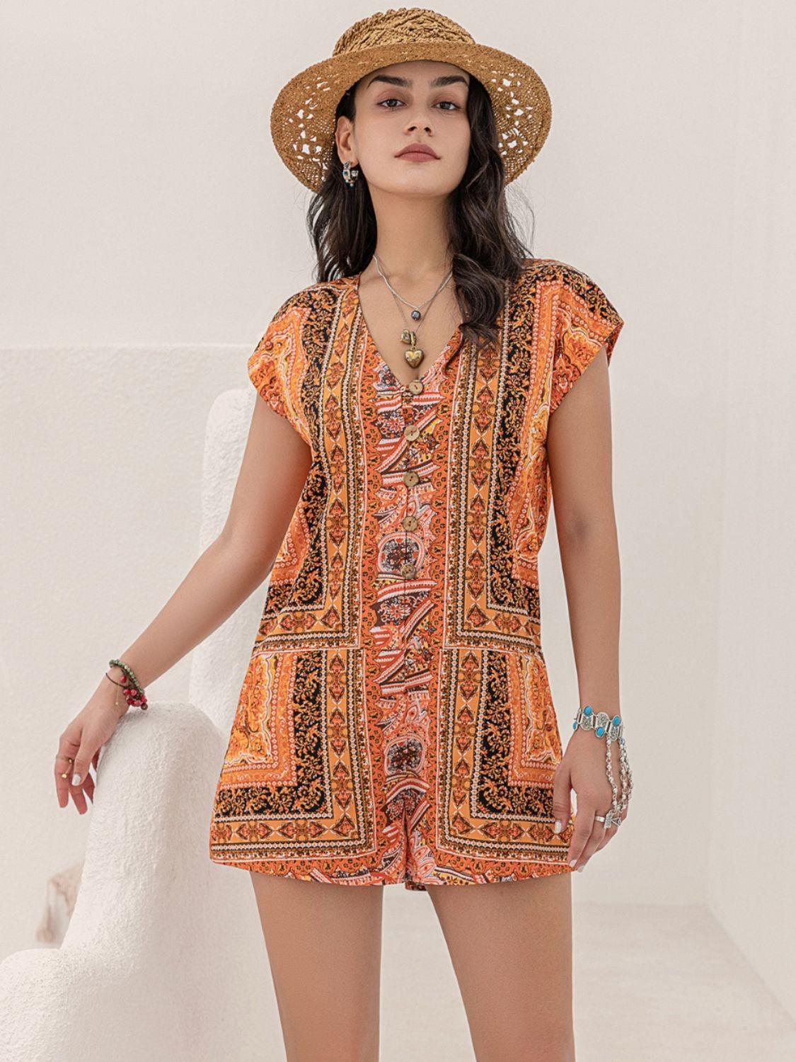 Printed V-Neck Cap Sleeve Romper - ClubOn