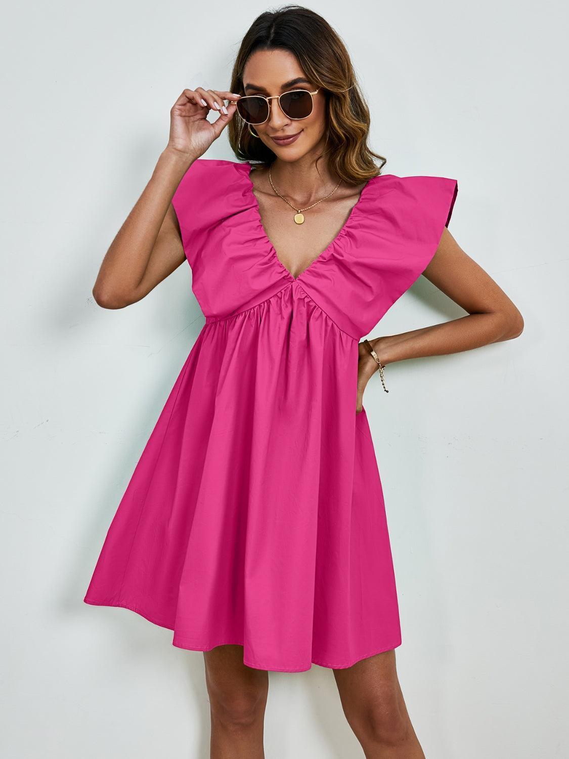 V-Neck Cap Sleeve Mini Dress - ClubOn