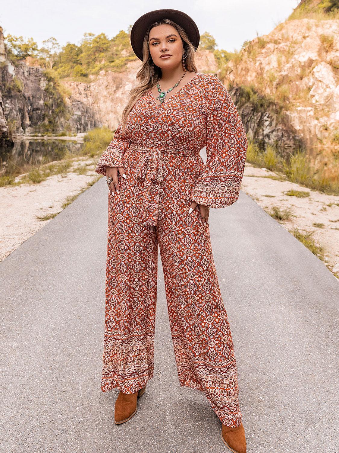 Plus Size Printed V-Neck Tie Front Balloon Sleeve Jumpsuit - ClubOn