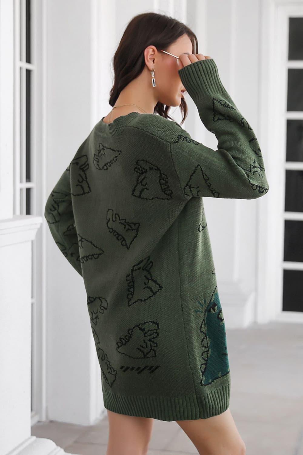 Dinosaur Pattern V-Neck Sweater Dress - ClubOn