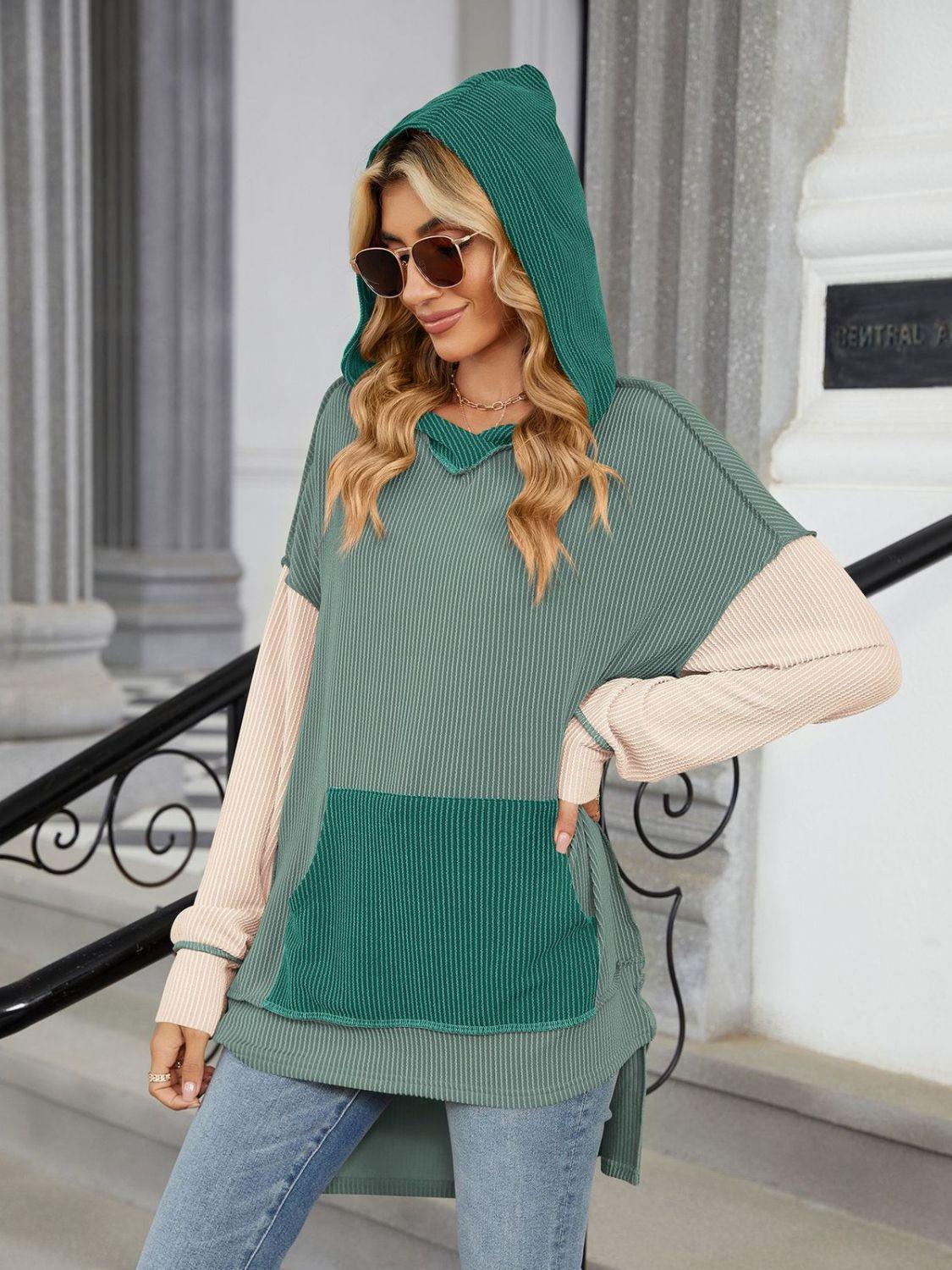 Double Take Contrast Hooded Long Sleeve Top - ClubOn