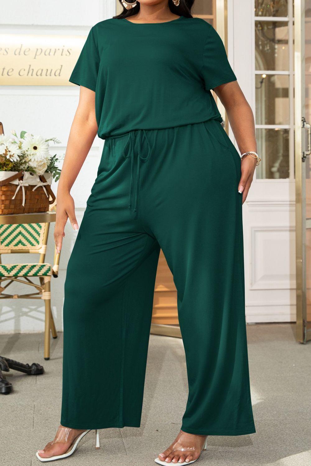 Plus Size Drawstring Waist Short Sleeve Jumpsuit - ClubOn